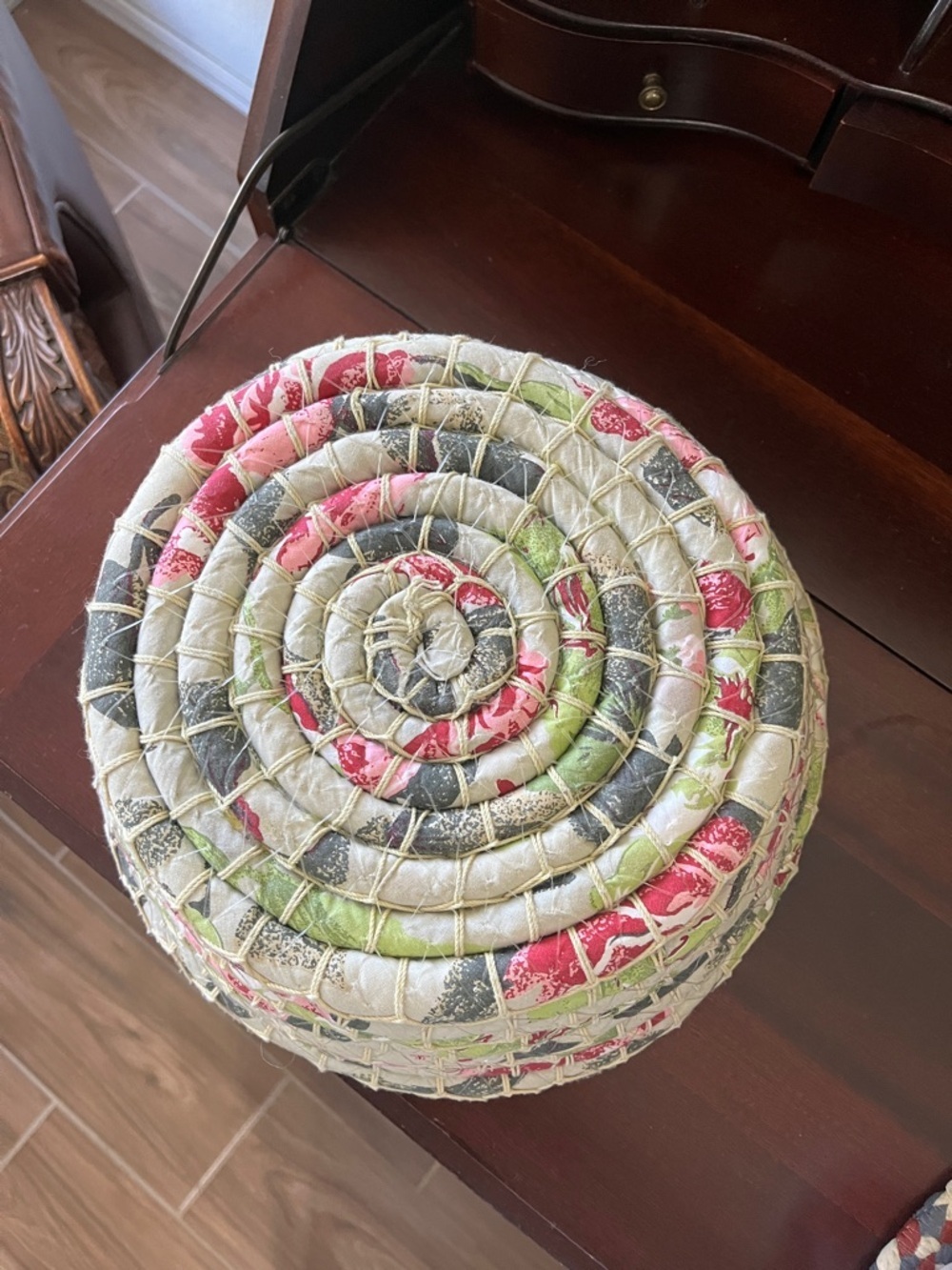 Handcrafted Fabric Coil Bowl in Pink and Green - Picture 4 of 9